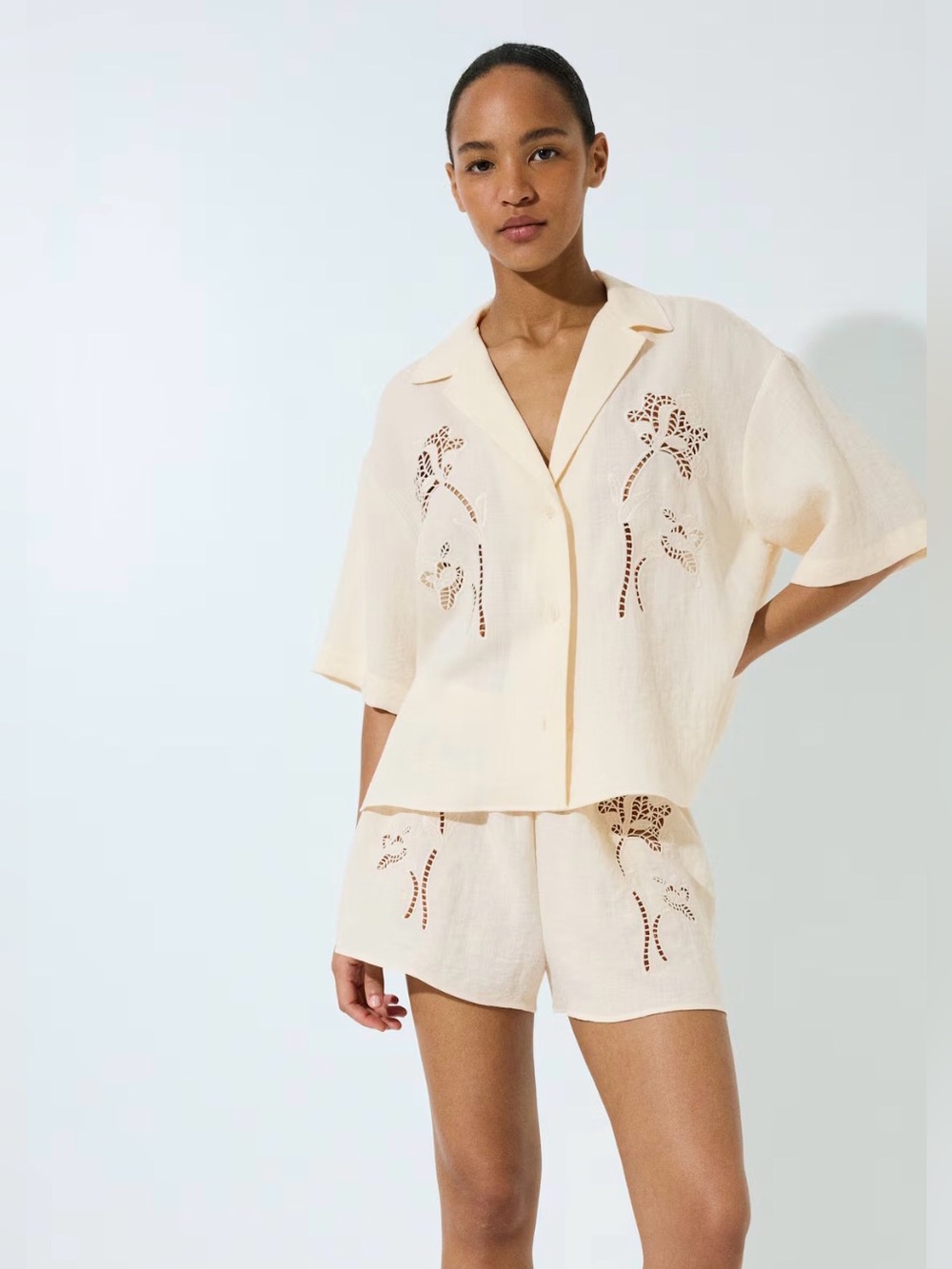 H &M Cream Eyelet Embroidered Shirt and Shorts Set